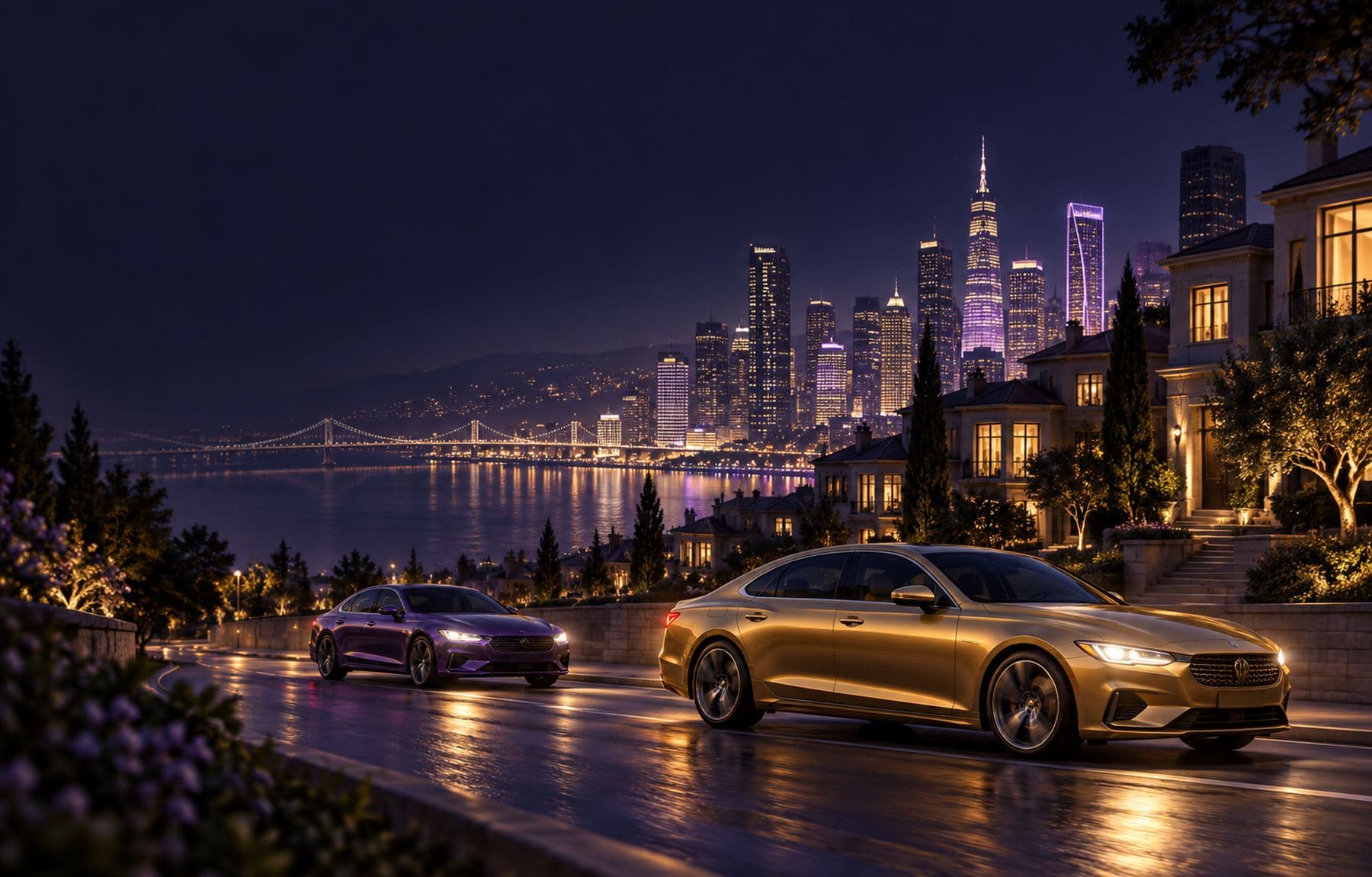 Two vehicles traveling together on a city street at night, one following the other.